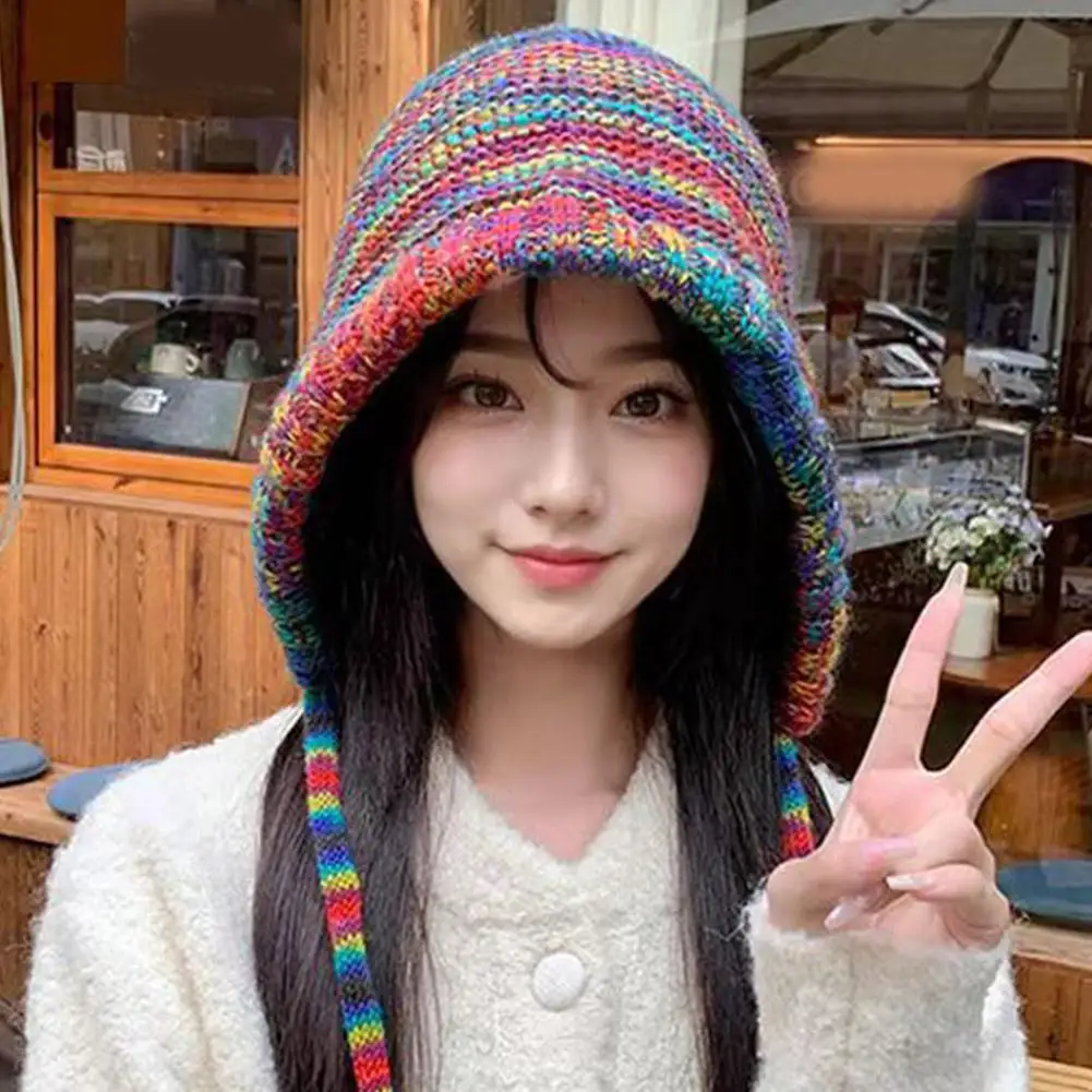 Winter Ear Protection Woolen Hat Colorful Rainbow Stripe Knitted Headgear Warm Comfortable Fisherman Cap Girl Riding Earflap Cap