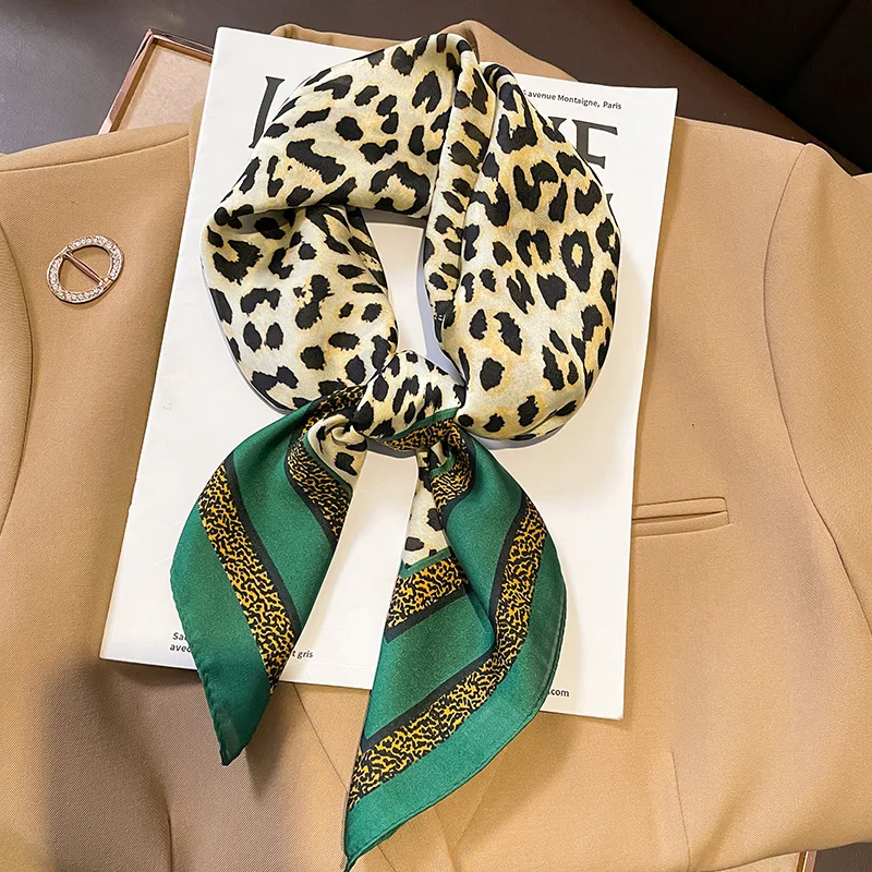 Luxury Brand Silk Square  Scarf Women Leopard Satin Neck Hair Tie Band Soft Lady Neckerchife 2024 Head Female Foulard Bandana