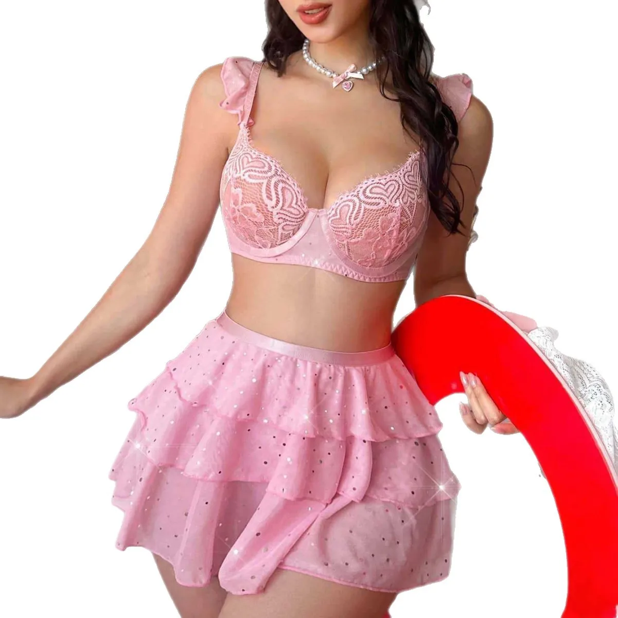 

Sexy Lingerie Set For Women Lace Mesh See-through Lace Up Top Plaid Pleated Skirt Halter Women's Underwear Set Sexy Bra Set