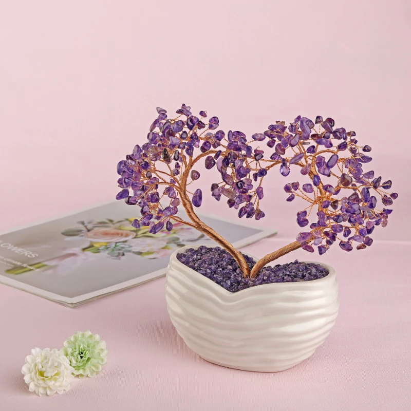 

Amethyst Gravel Heart-shaped Money Tree Bonsai Natural Chakra Gemstone Reiki Lucky Wealth Feng Shui Crafts Home Decor Gifts