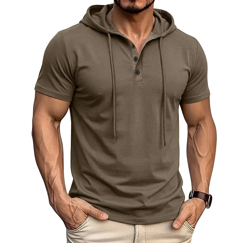 Men's Short Sleeve Hooded Henley T-Shirt Solid Color Button Drawstring Casual Summer Hoodie Tee
