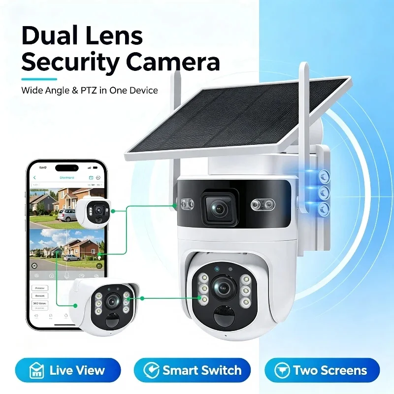4G LTE Solar Security Camera Outdoor Dual Lens PTZ Wireless Battery Powered CCTV Camera Color Night Vision PIR Motion Detection