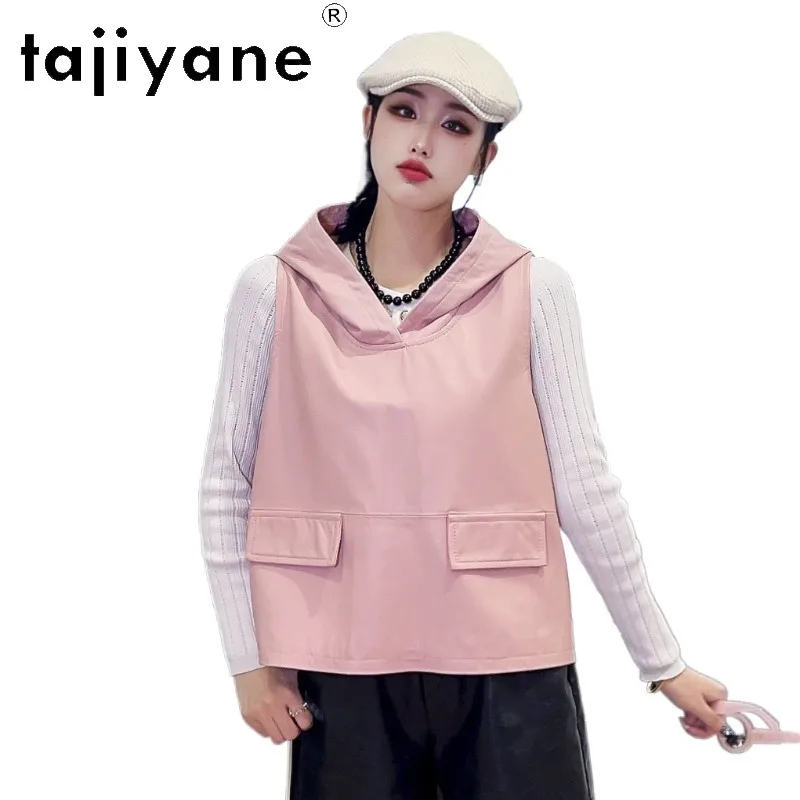 TAJIYANE Hooded Genuine Leather Vest Sheepskin Sleeveless Leather Jacket Woman Top Cropped Veste Femme Korean Outerwear Autumn