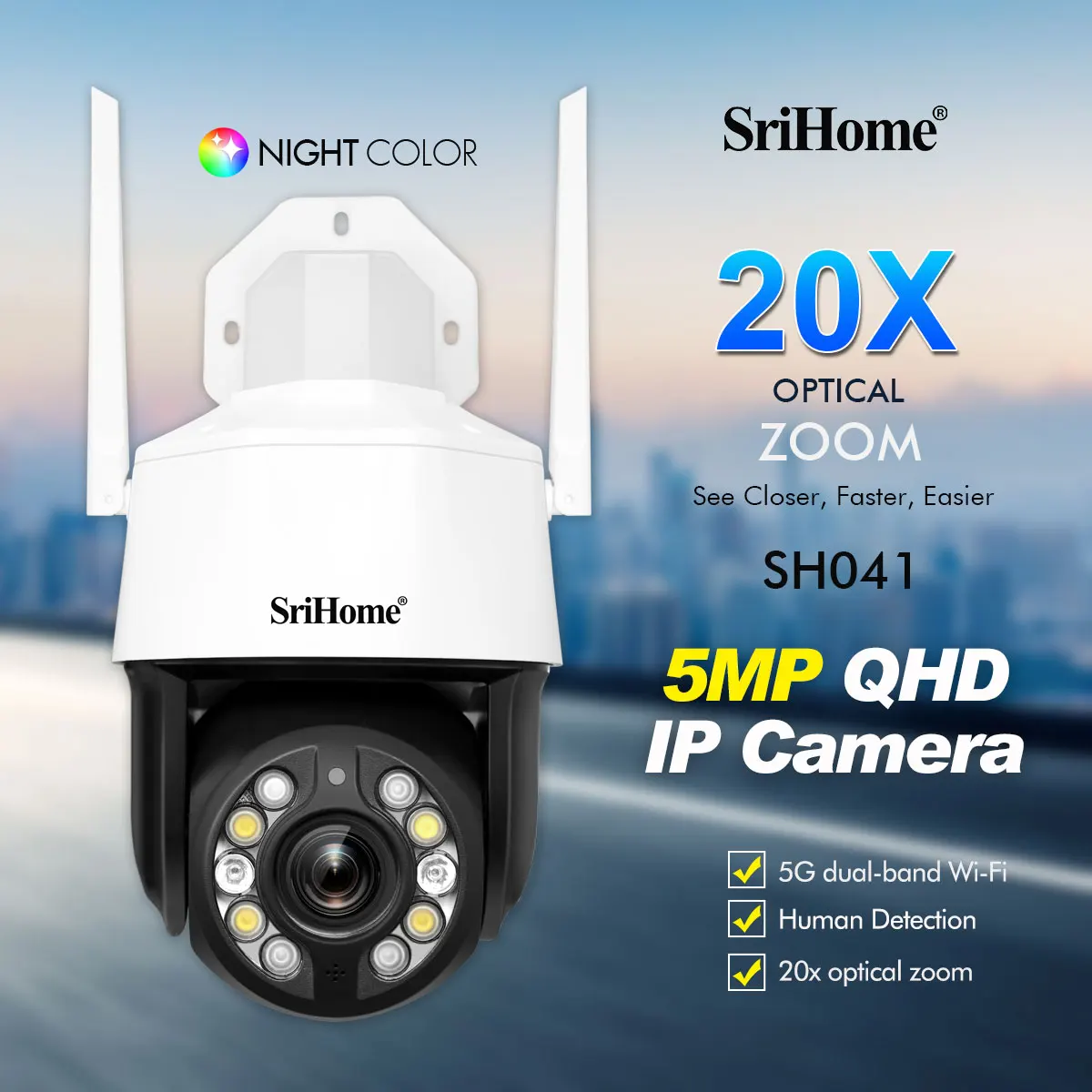 5MP 1944p UHD 2.4G&5G Dual Band 20X Zoom Outdoor Water-proof WIFI IP Dome Camera Onvif Full Color AI Humanoid  Monitor