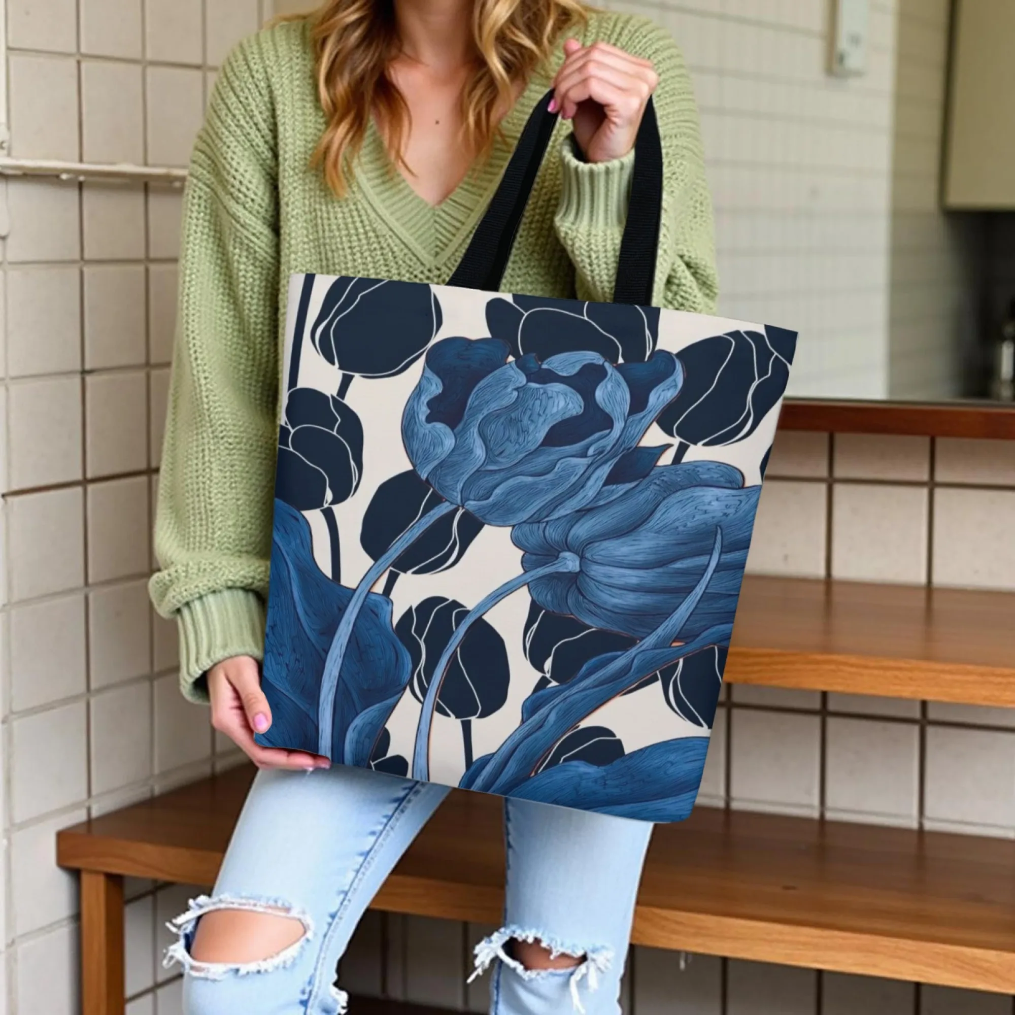 Sac fourre-tout élégant en toile d'art tulipe bleue pour femmes, sac à bandoulière artistique à fleurs, grande capacité, écologique, réutilisable, idéal pour les voyages artistiques