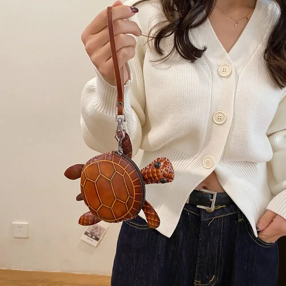 Cute Turtle Shaped Mini Key Bag Kawaii High Quality Car Key Pouch High-end Cow Leather Pocket Keychain Case Car Accessory