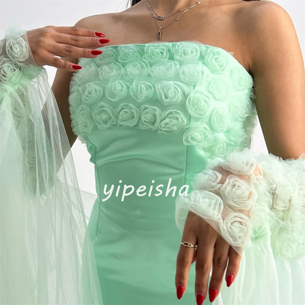 Customized Jersey Flower Ruched Quinceanera A-line Strapless Bespoke Occasion Gown Midi Dresses