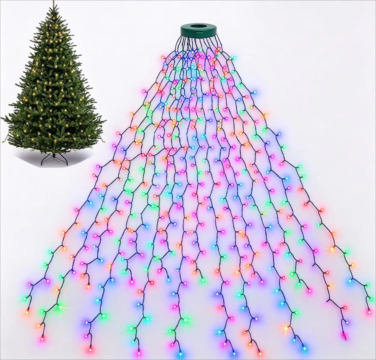Cascading Tree Topper Waterfall Lights, Colorful Warm White USB, for Indoor Christmas Holiday Party Garden Home Decorations