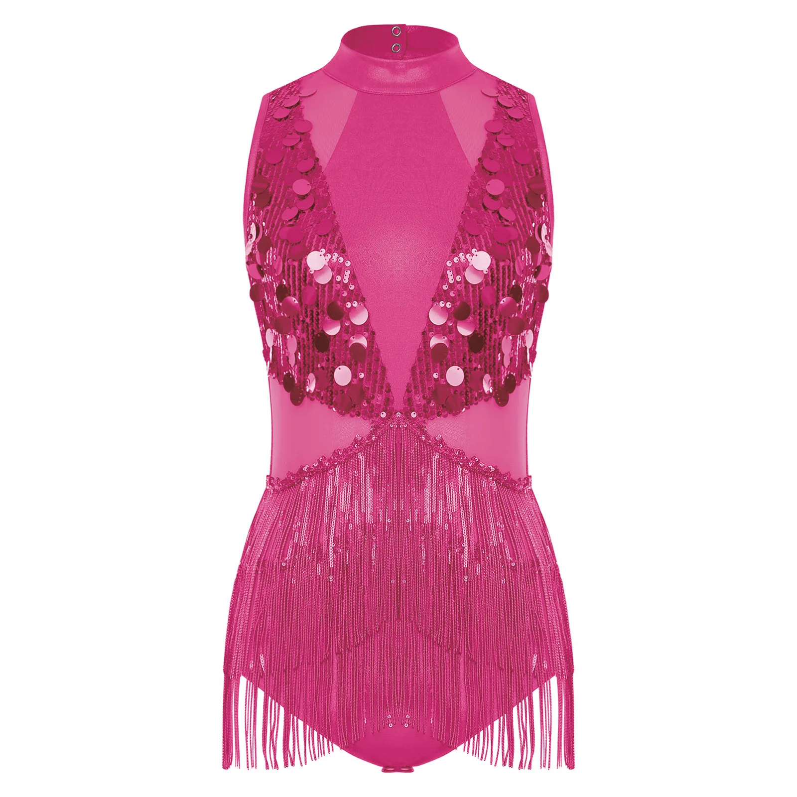 Justaucorps de danse latine Chacha pour femmes, métallique brillant, paillettes, pompon, sans manches, découpe au dos, Patchwork, body pour le patinage artistique Jazz