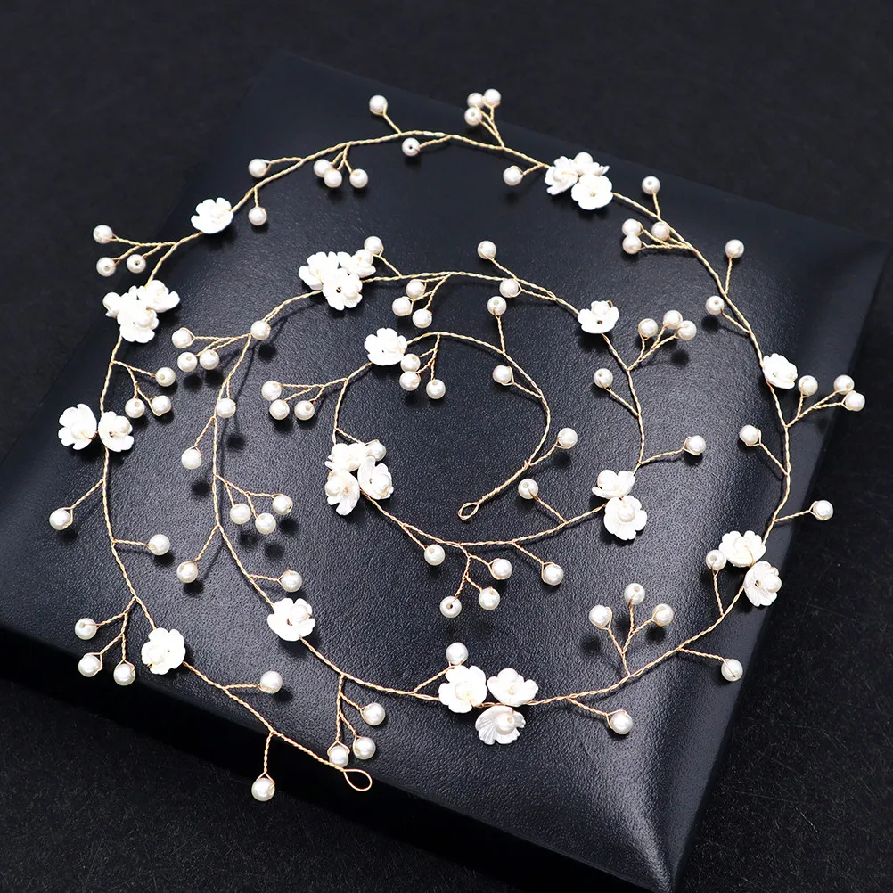 

Pearl and Rhinestone Wedding Hair Chain Elegant Ivory Satin Ribbon Side Headband for Brides Bridal Hair Decoration Handmade
