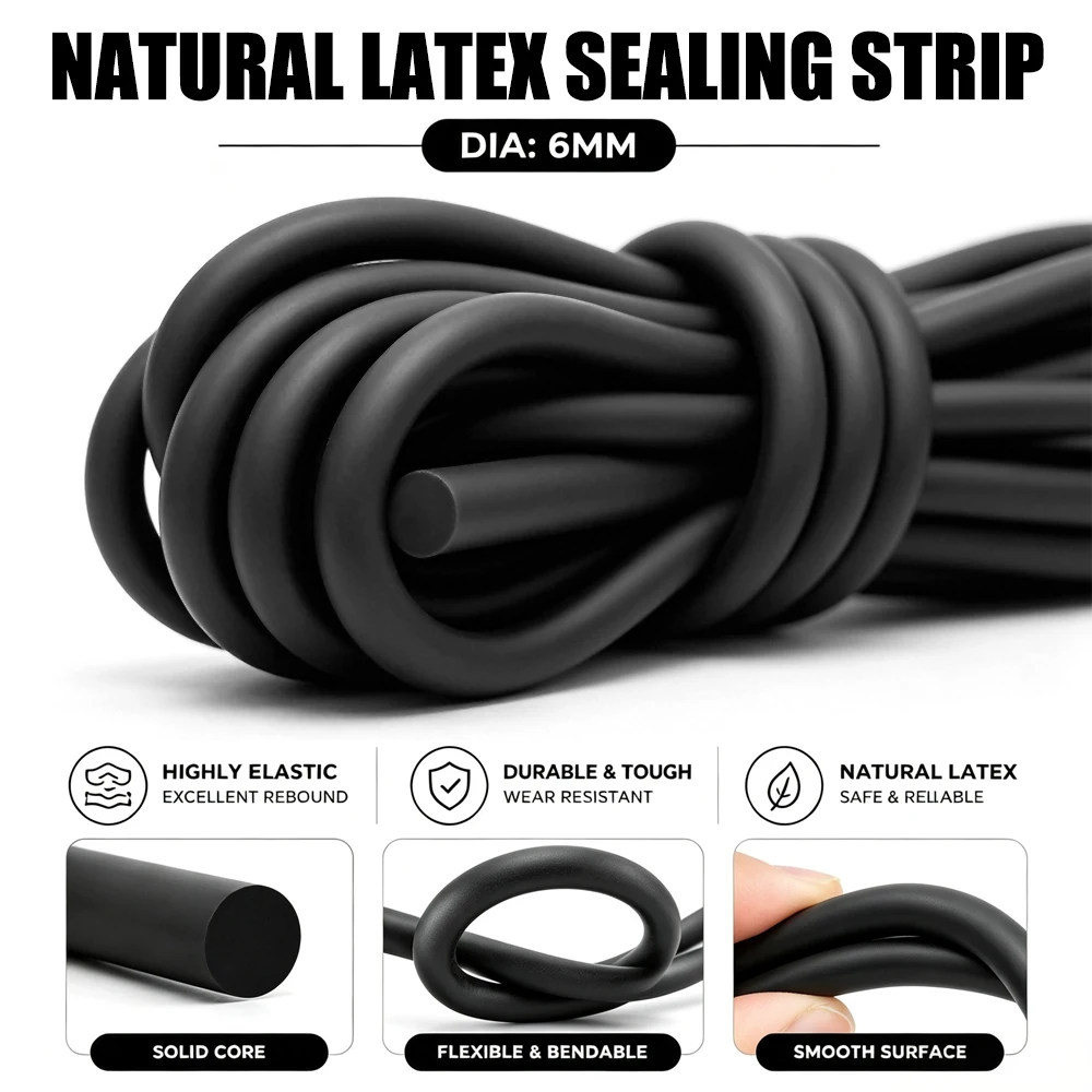 1M~5M Natural Latex Black Round Seal Strip Diameter 6mm High Elasticity Durable & Tear Resistant for Strength Training