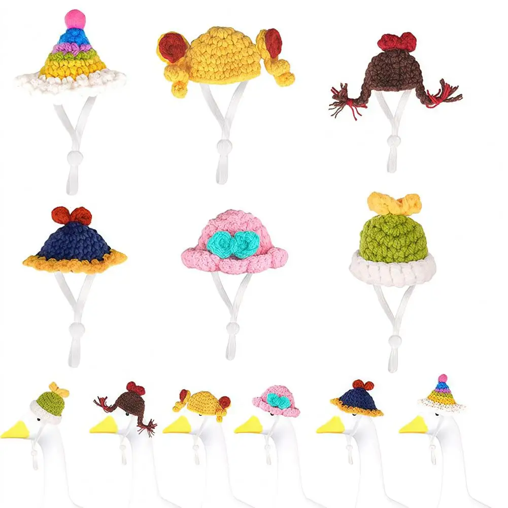 Goose Statue Outfit 6/8pcs Mini Goose Statue with Knitted Hat Adjustable Strap Crochet Cap Desktop Decoration for Christmas