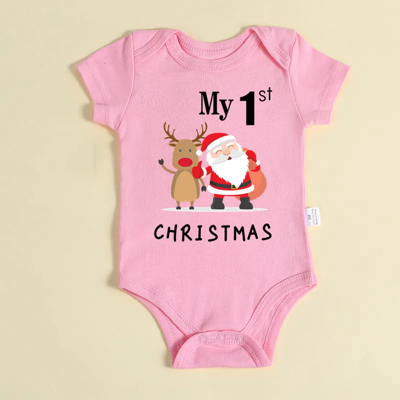 Mein 1. Weihnachten Weihnachtsmann-Elch-Print Neugeborenen-Strampler mit kurzen Ärmeln, süßer roter Baumwoll-Baby-Body für Jungen und Mädchen – Detail 7