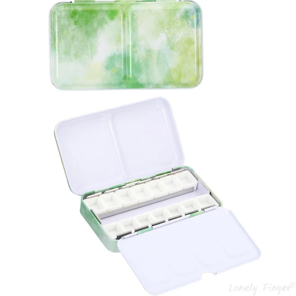 لوحة ألوان مائية فارغة، علبة ألوان مائية معدنية مع 14 نصف مقالي مع صندوق طلاء بغطاء للرسم الزيتي للسفر