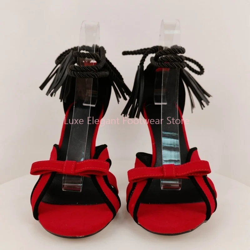 Red Black Fringe Bow-Knot Decor Lace Up Sandals Women Hollow Peep Toe Thin High Heels Elegant Trendy Party Ladies Modern Shoes