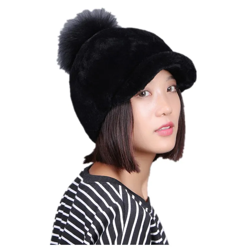 

Winter Women 100% Natural Shearling Wool Baseball Cap Warm Full Pelt Genuine Leather Hat with Real Fox Fur Pompom