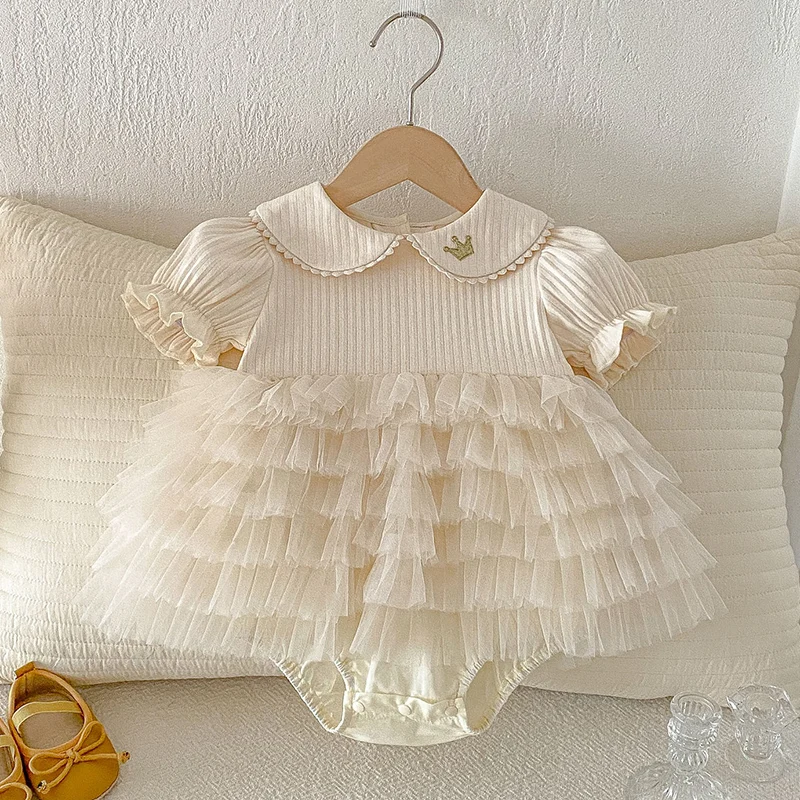 2026 New Summer 0-24M Children Clothes Infant Baby Girls Bodysuits Short Sleeved Cotton Splicing Toddler Baby Girls Jumpsuit