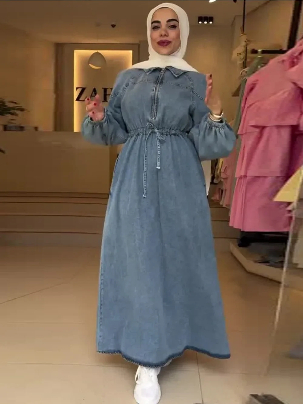 

Ид мусульманское джинсовое платье на шнуровке, однотонное элегантное платье на молнии, Vestidos Largos Abaya Jalabiya Ramadan Islam, вечерние платья, длинный халат