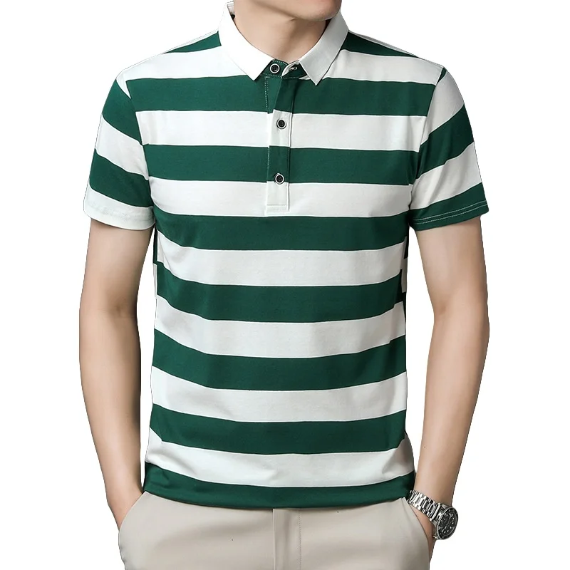 

Summer Men's Cotton Striped Polo Shirt Fashion Business Casual Lapel Short Sleeve Elastic T-shirt Half Sleeve Clothing