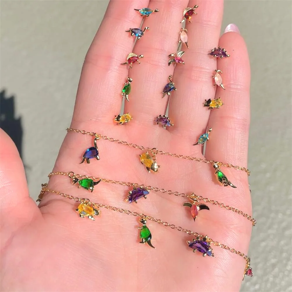 Ins simpatico braccialetto con ciondolo dinosauro con zirconi colorati piccoli per regali di dichiarazione di gioielli di moda per ragazze da donna