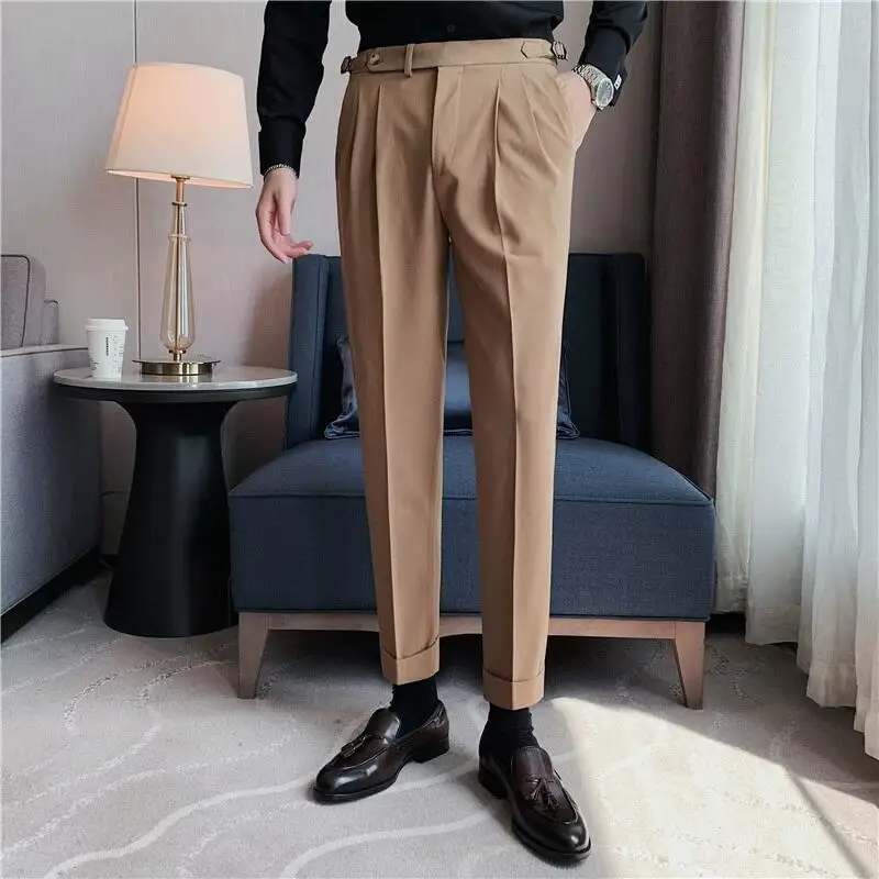 High Quality Men High Waist Suit Pants Fashion All Match Straight Slim Fit Dress Pants Formal Wedding Social Party Male Trousers