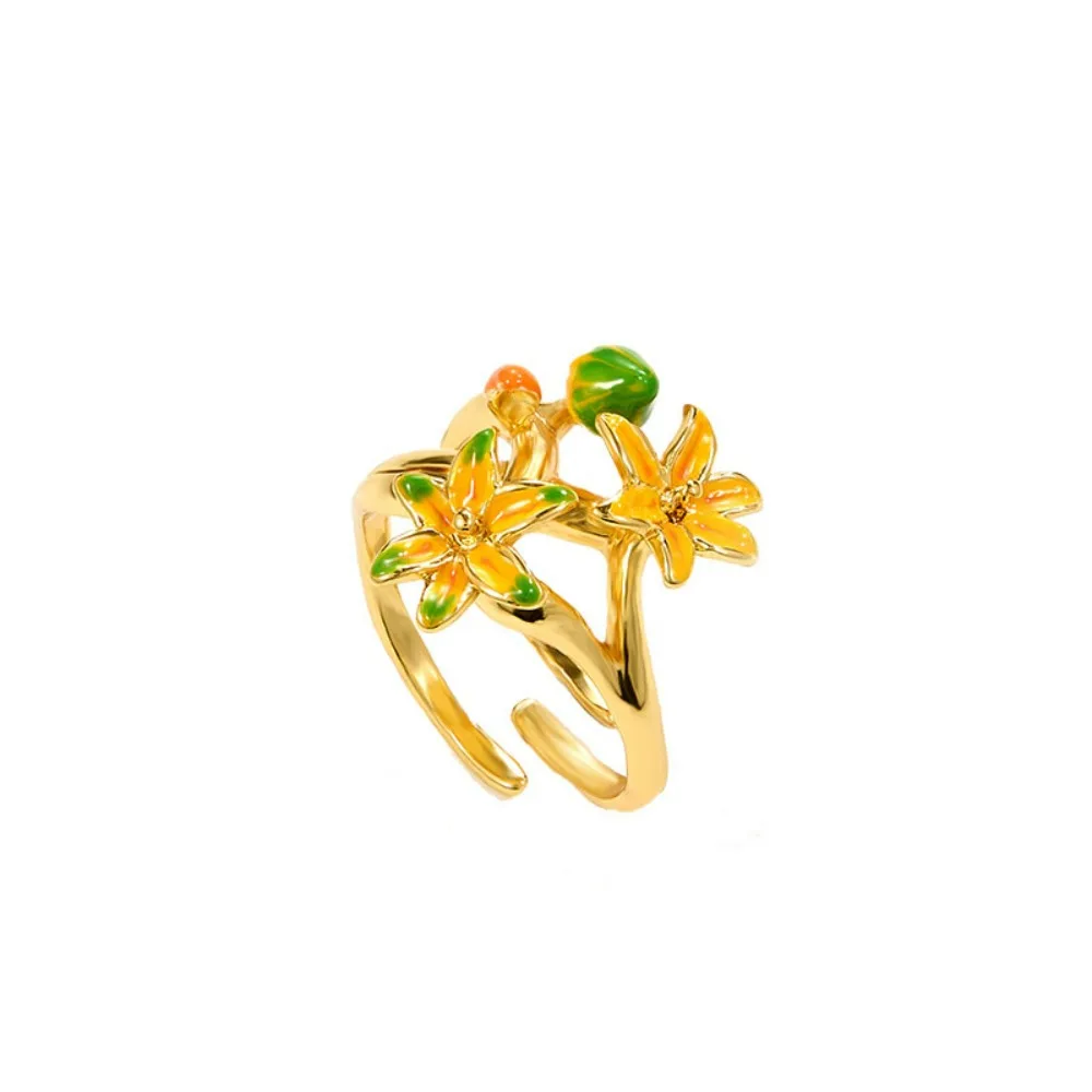 

2026 Popular Enamel Yellow Daylily Flower Open Ring for Women, Light Luxury Three-dimensional Flower Adjustable Ring for Women