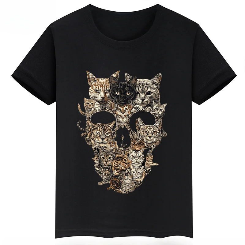 Cat Skull Printed Children\'s Clothing Summer Boys and Girls Cotton T-shirt Black Short-sleeved Personalized Kid\'s Clothing