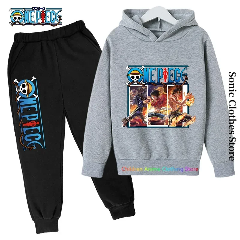 Boys Football Sports Clothes and Pants Spring Fall Cartoon Print One Piece Hoodie Kids Luffy Hooded Casual Fashion 2 Piece Set