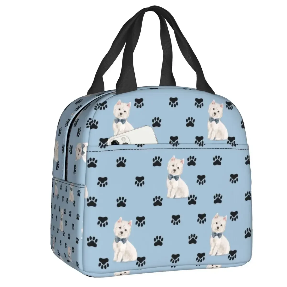 West Highland White Terrier Paw Print Pattern Portable Lunch Boxes Westie Dog Cooler Thermal Food Insulated Lunch Bag School