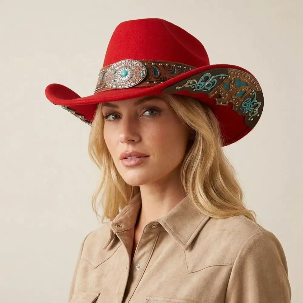 Retro Dress Up Western Cowboy Hat Turquoise Decor Wide Brim Western Cowgirl Hat Panama Jazz Topper Hat Men Women