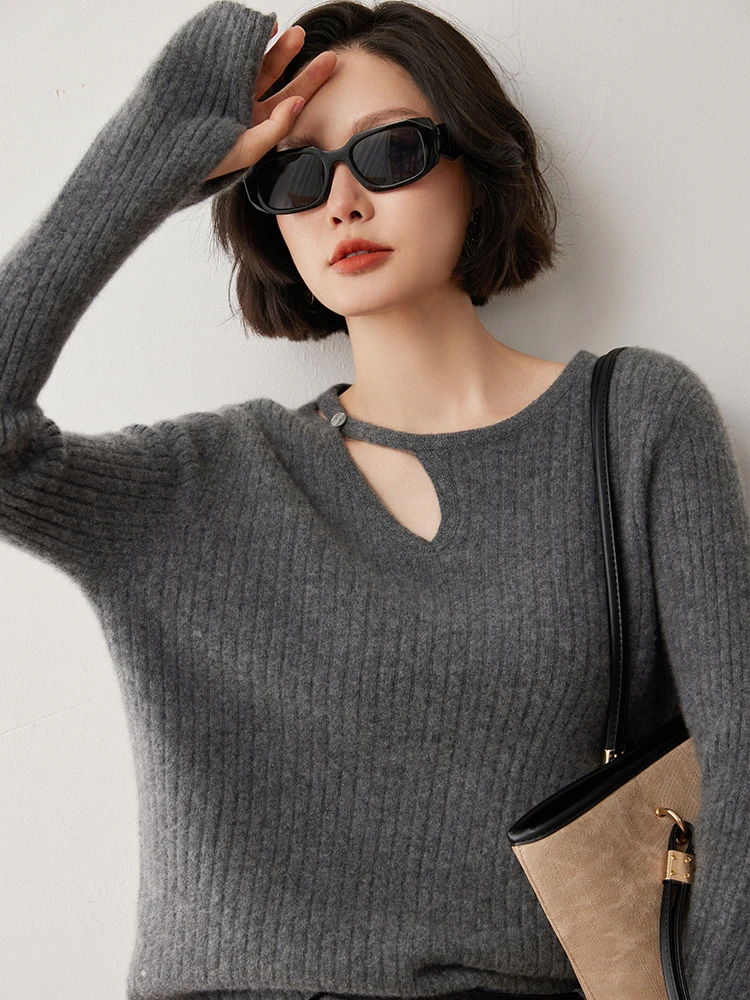 

CHICUU Women's 100% Cashmere Knit Pullover Sweater Cut Out Collar Long Sleeve Pullover Autumn Winter Basic Cashmere Knitwear Top