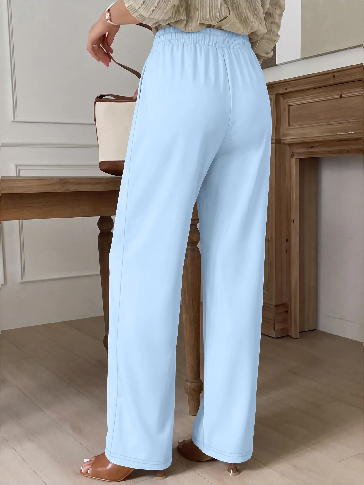 Multi Color Women Casual Wide Leg Sweatpants Elastic Waistband Pockets Design Soft Workout Bottoms