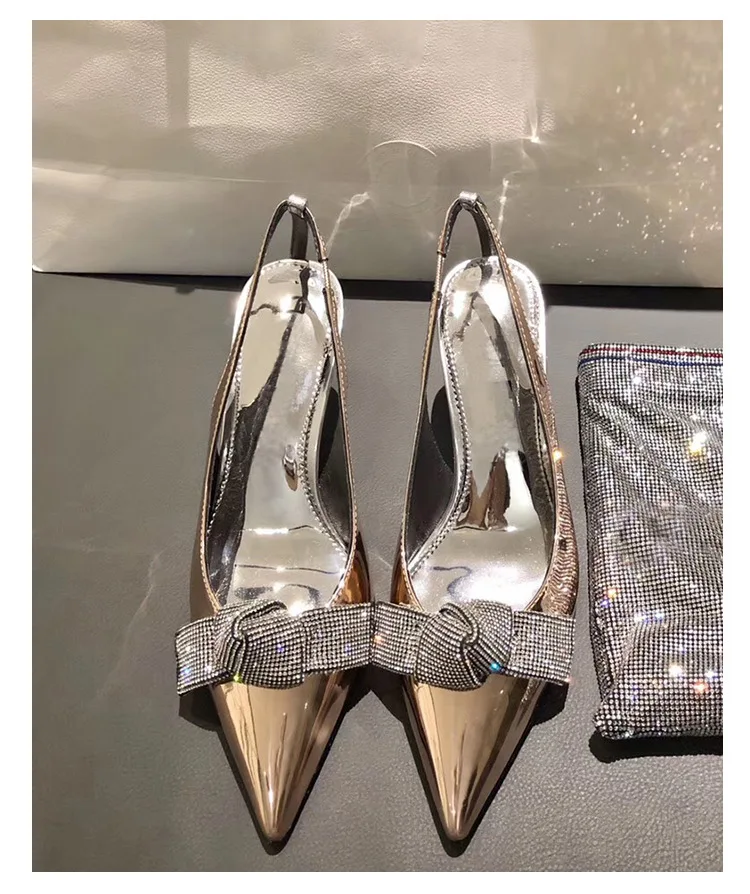 High Heels Silver Rhinestone Pointed Toe Women's Pumps Shoes Back Strap 6cm  Heels Women's Rhinestone Bow Baotou Heels Women