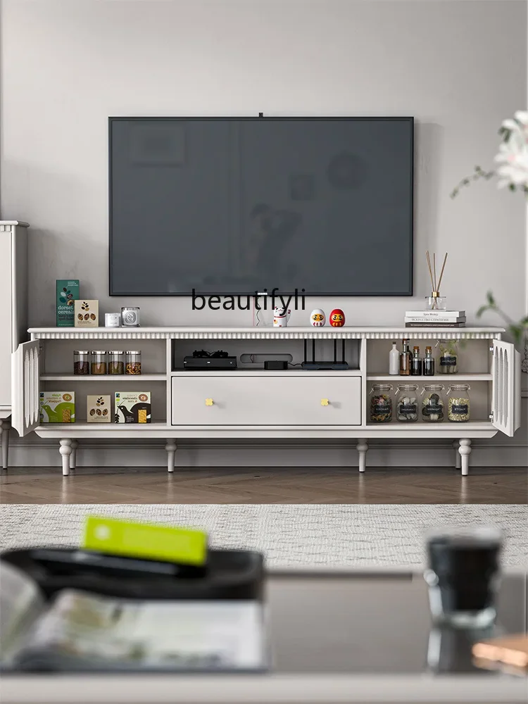 French Cream White Light Luxury High-Grade Solid Wood Floor TV Cabinet and Tea Table Small Apartment Living Room Home