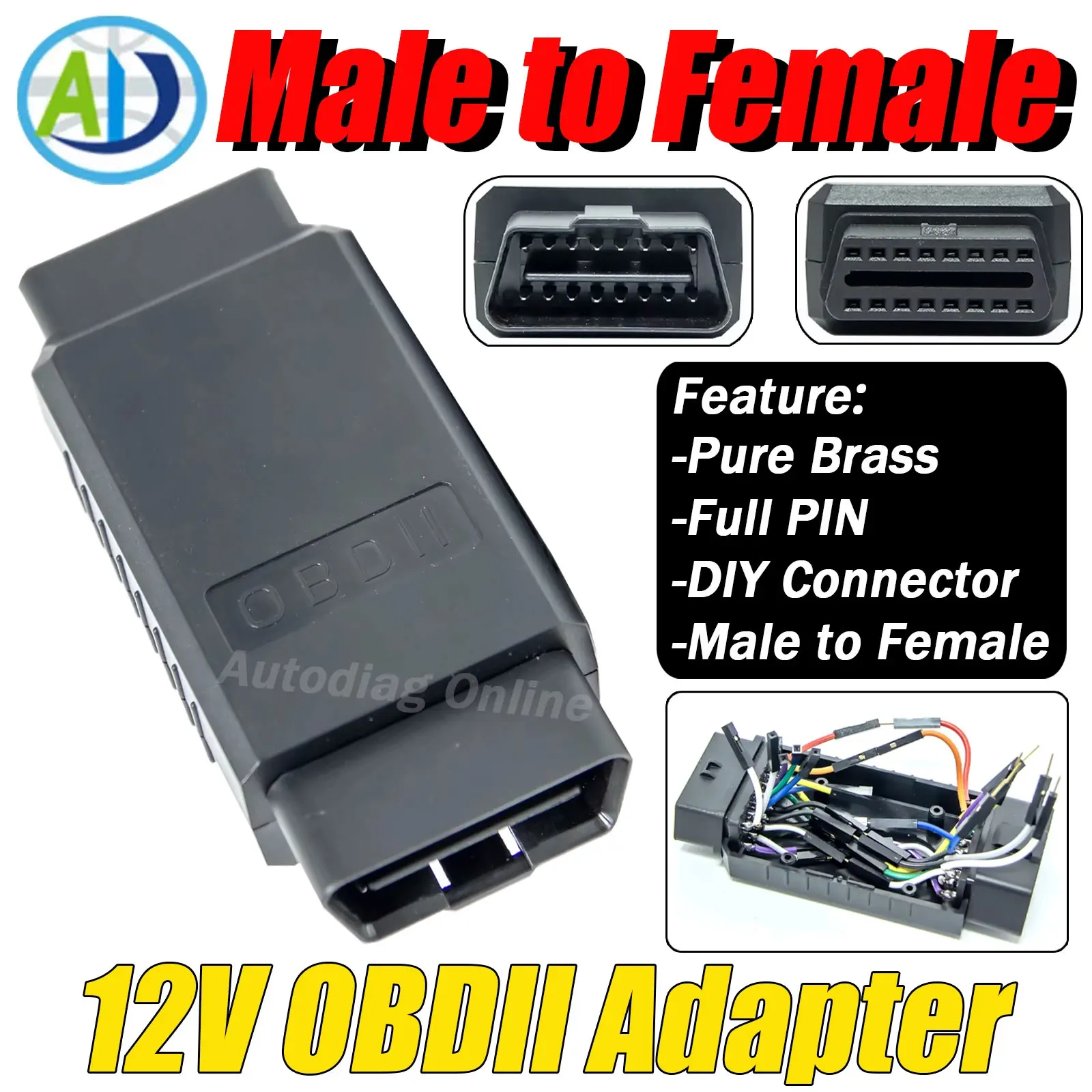 

OBDII Adapter 16Pin Male to Female Connector 12V OBD2 Diagnostic Adapter Car DIY Pin Converter DIY Full-Pin Diagnostic Connector