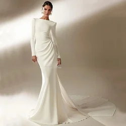 Long Sleeve Mermaid Wedding Dress with Pleat Floor Length Bridal Sexy Open Back Applique Delicate Customized Bride Gowns