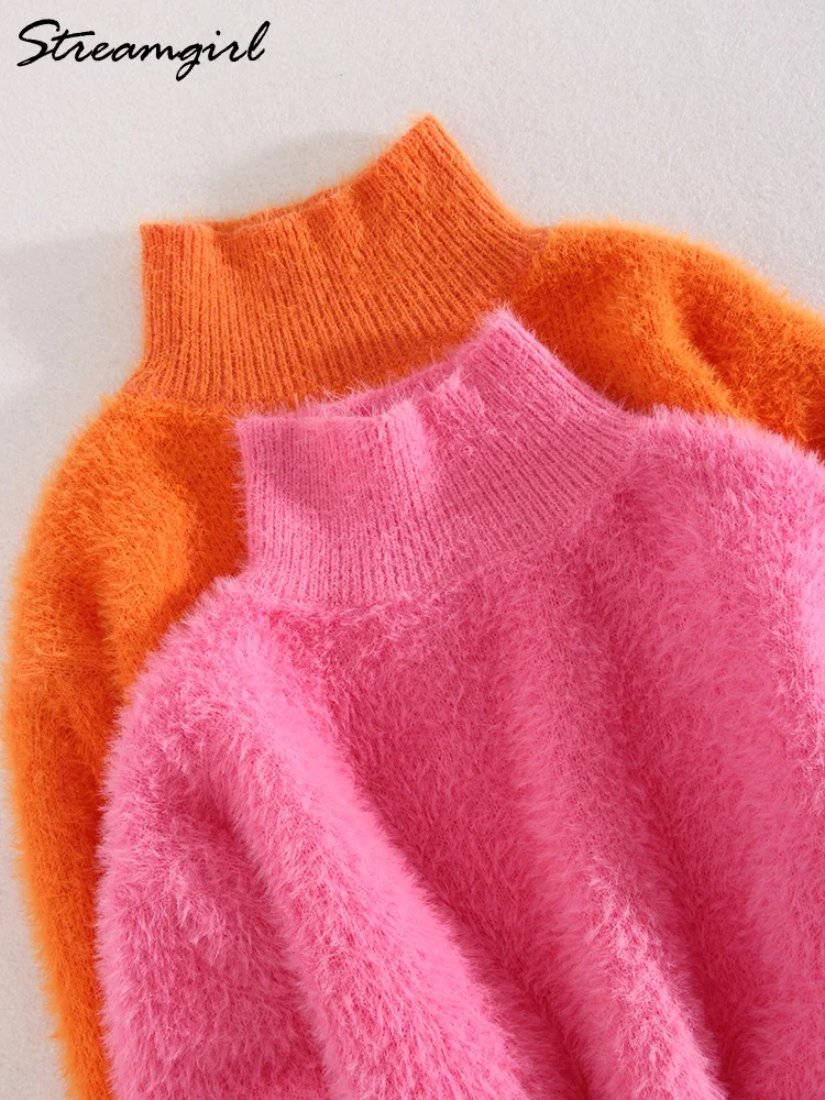 Warm Oversize Mohair Fluffy Sweaters For Women Turtleneck Winter 2023 Pink Pullovers Thick Womens Fluffy Winter Sweaters Loose