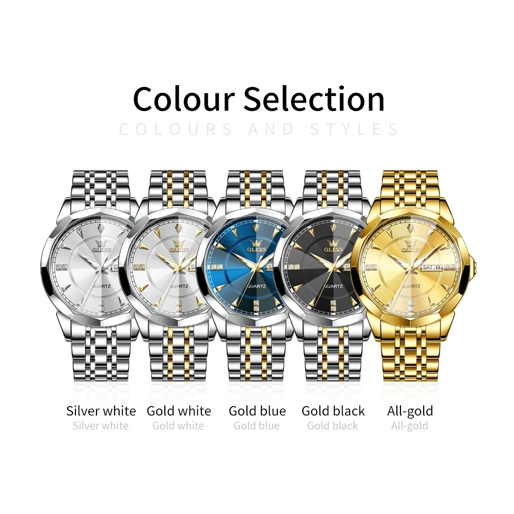 ساعة كوارتز OLEVS 9977 للجنسين مع مرآة معين مقاومة للماء وسوار فولاذي مضيء ووظيفة التاريخ النهاري للرجال والنساء