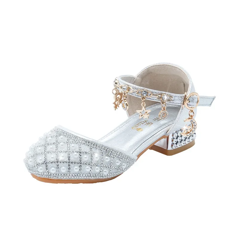 Zapatos de princesa para niña, calzado de suela suave, flor de perla blanca, tacones altos de cristal para caminar