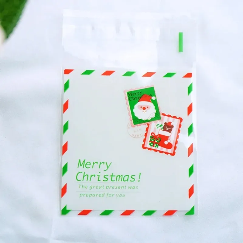 

100Pcs 10x10cm Christmas Candy Cookie Gift Bags Plastic Self-adhesive Biscuits Snack Packaging Bags Xmas Party Decoration Favors