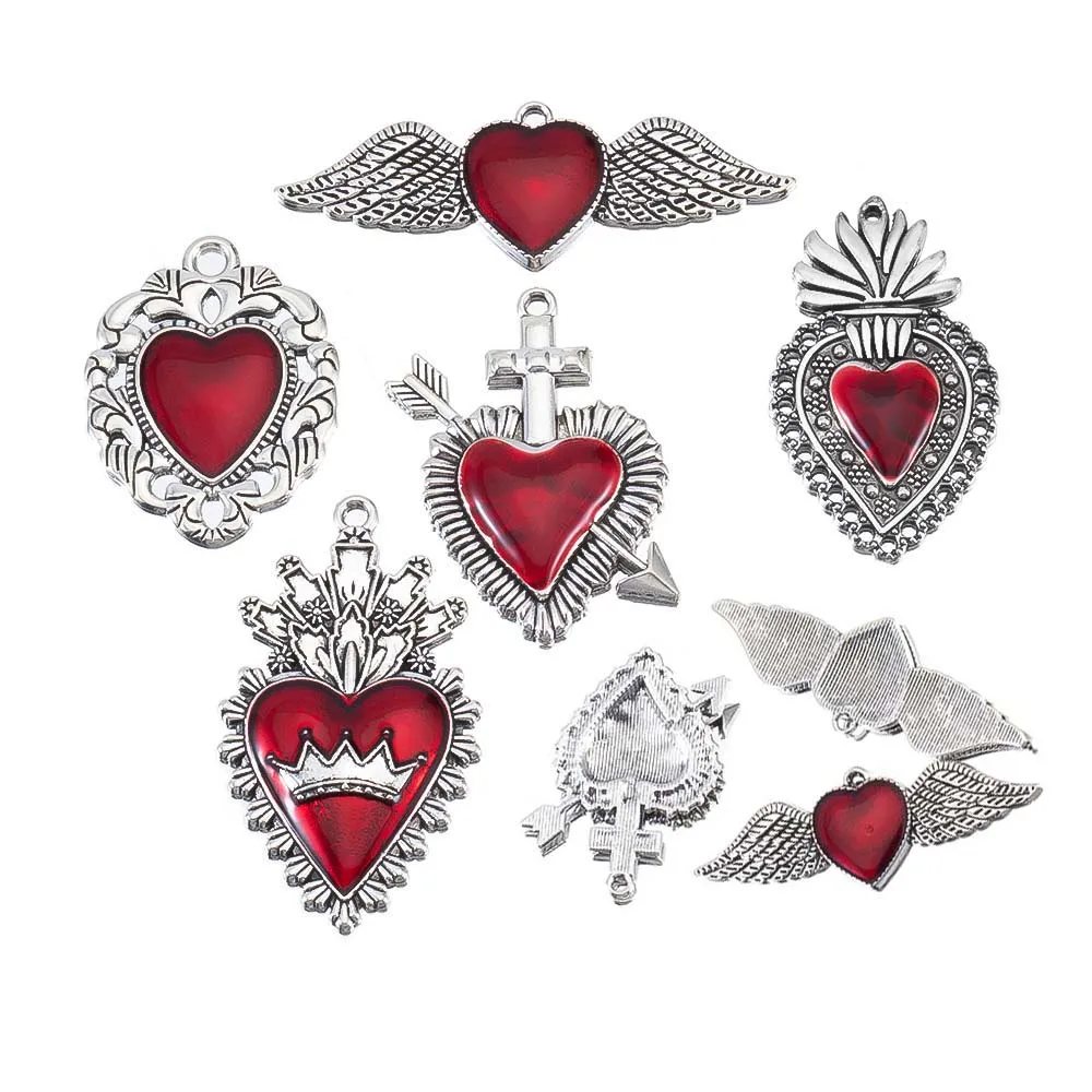 5pcs Y2K Dark Red Crystal Pendants Baroque Heart Wings Bow Rhinestone Charms Jewelry Making DIY Necklaces Keychains Accessories