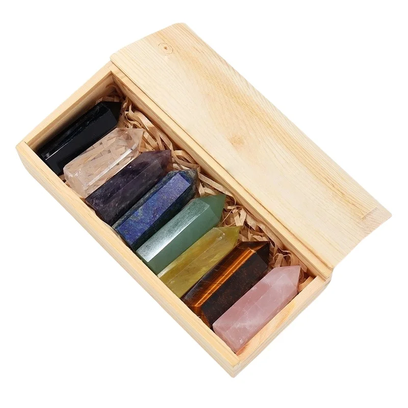 

Hexagonal Crystal Point Set Box 8Pcs Healing Chakra Gemstone Column Beads 4-5CM In Wood Box Display for Home Office Decoration