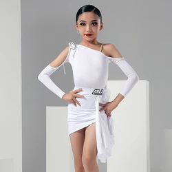 Girls White Latin Dance Competition Dress Rumba Dancing Outfit Off-Shoulder Bodysuit Irregular Skirt Cha Cha Dancewear YS4310