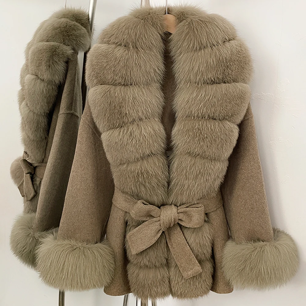 

OFTBUY Fox Fur Coat Female New Autumn Woolen Coat Winter Warm Real Fur Collar Wool Blend Jacket Women Warm Clothes for Women