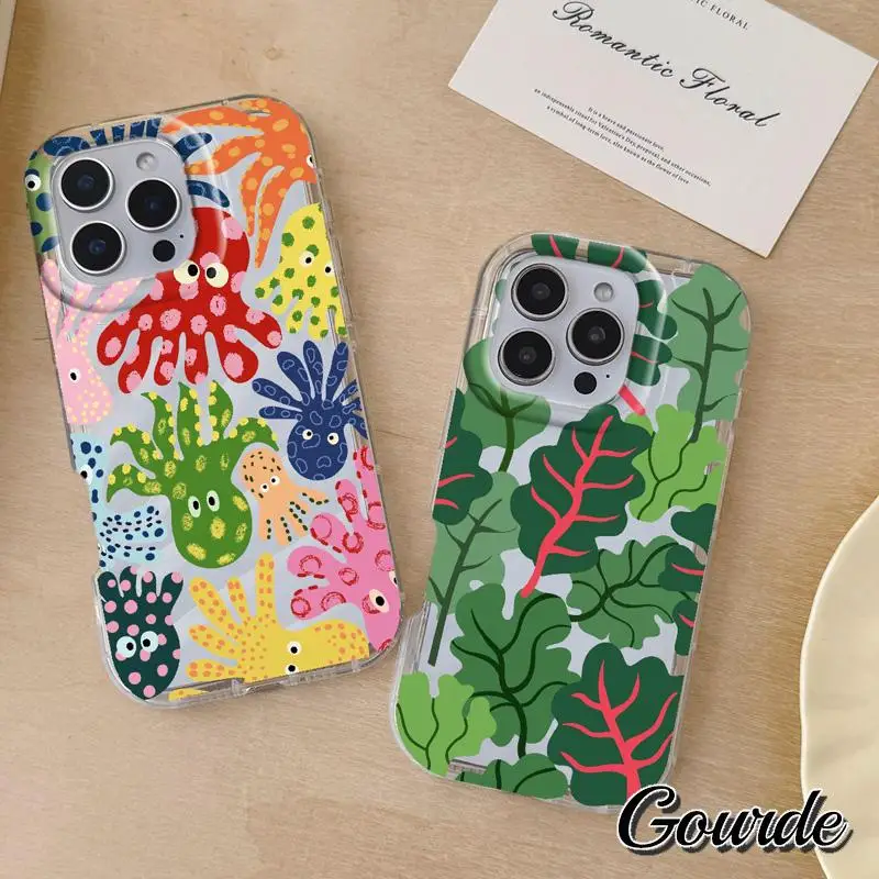 

Gourde Colorful Octopuses Green Leaves Phone Case for iPhone 16 15 11 14 13 12 Pro XS Max X XR 7 8 Plus Soft TPU Clear Casing