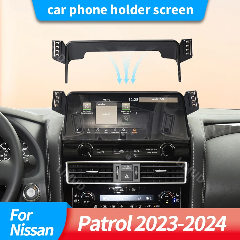 Auto-Handyhalterung für Nissan Patrol 2023-2024 GPS-Spezialbildschirm mit fester Basis, Zubehör, kabelloser Ladeständer für den Innenraum.