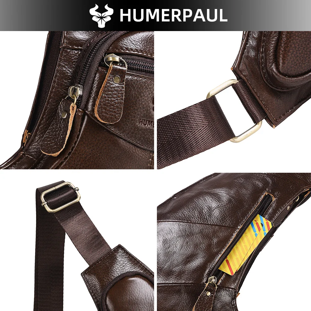 HUMERPAUL Retro-Leder-Brusttasche für Herren, große Kapazität, einschulterige Umhängetasche, Outdoor-Reisen, Wandern, Camping, Handy-Packung