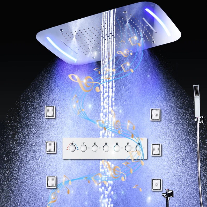 

6 Functions Music Shower Faucets Set Thermostatic LED Rain Mist Bubble Massage Waterfall Body Jets Shower System