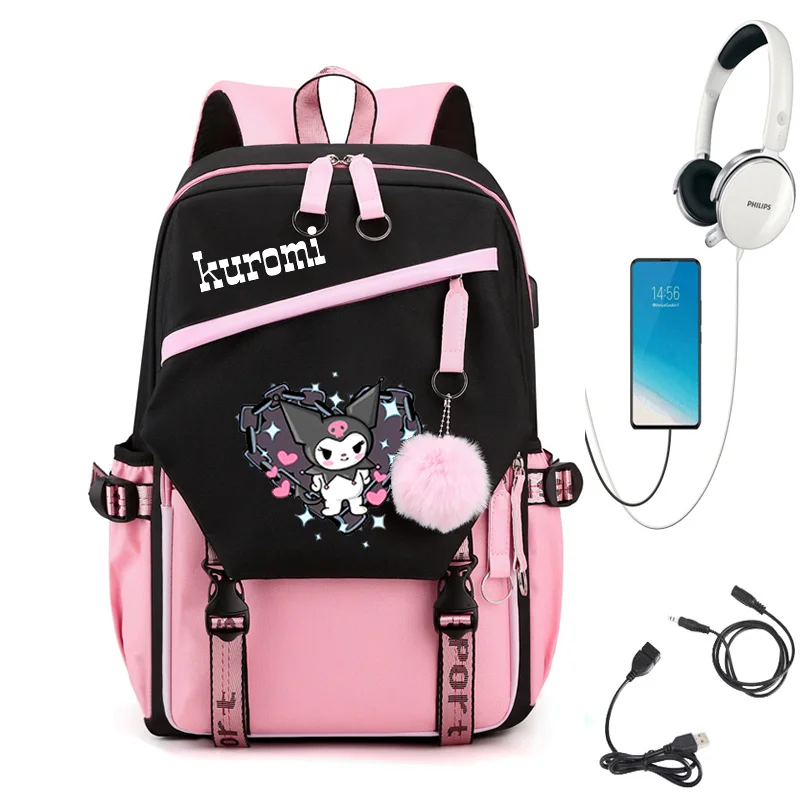 Sanrio Kuromi Backpack for Girls Boys Teenager Children Rucksack Men Women Casual School Bags USB Charging Backpacks