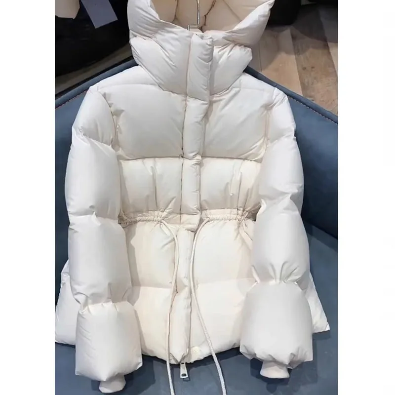 

Ele White Thiened Padded Coat Waist-Cinching Euro Sle Winter Outerwear Chic Quilted Jaet for Women Commute Faion